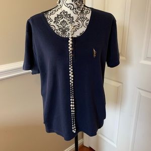 Pushers West Indies, women’s short sleeved, navy sailing shirt, size Lg.